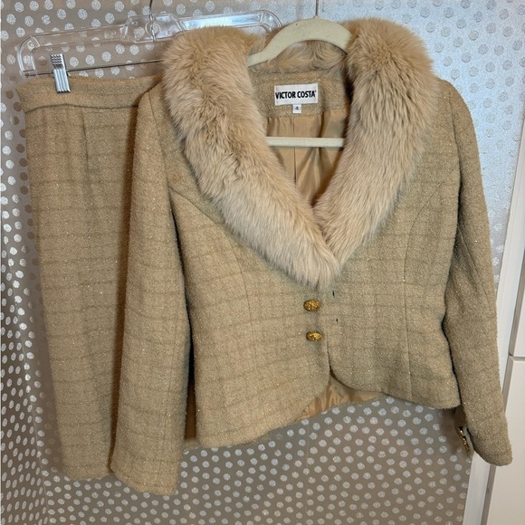 Victor Costa Jackets & Blazers - VINTAGE Victor Costa Beige Faux Fur Trimmed Shimmer Suit Set